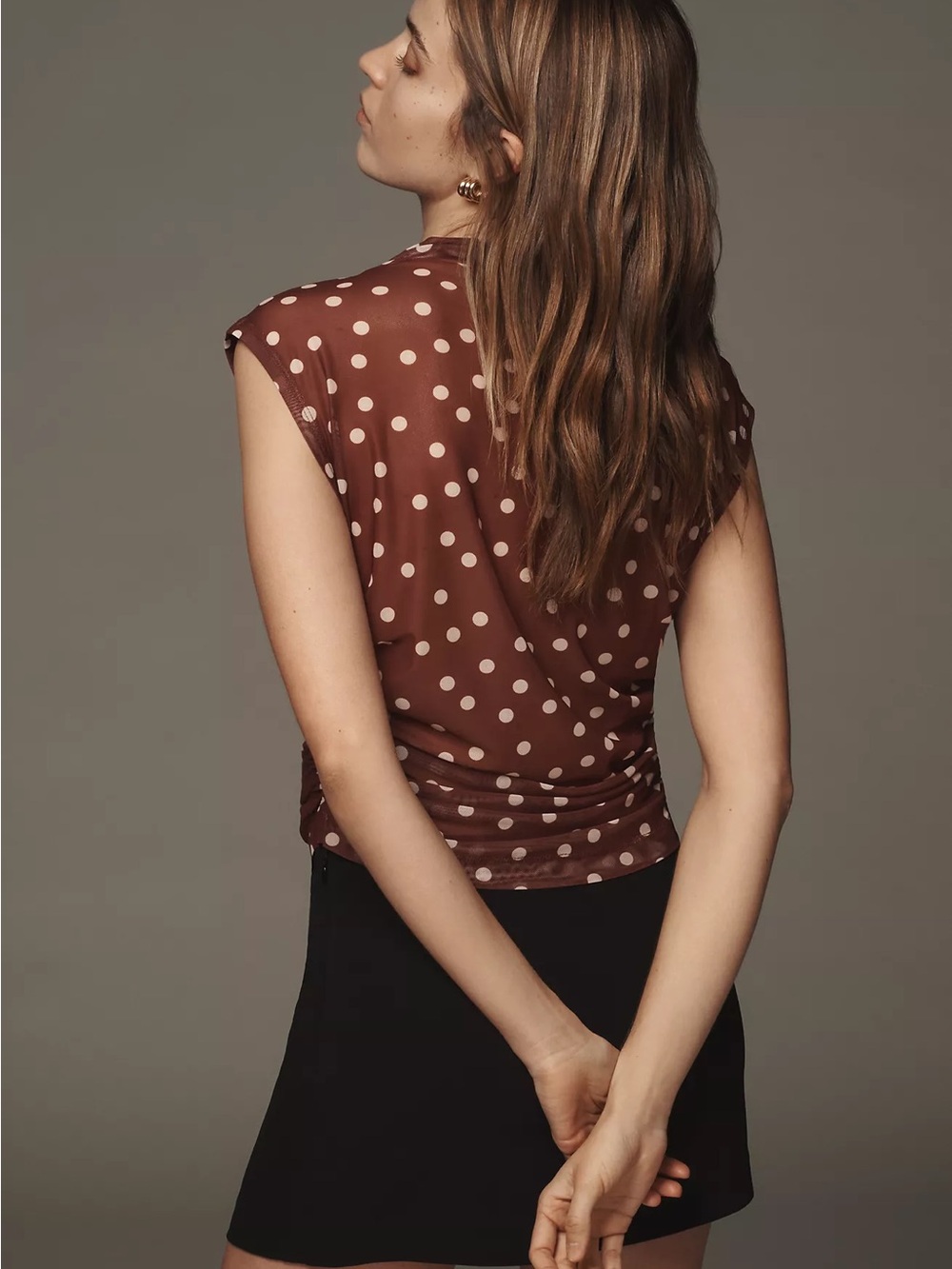 Maeve Brown Polka Dot Cap-Sleeve Draped Top - Picture 2 of 8